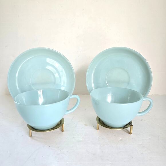 Vintage Fire King Cups Saucers Turquoise Milk Glass Limited 1956-58 Mid Century - Picture 1 of 14